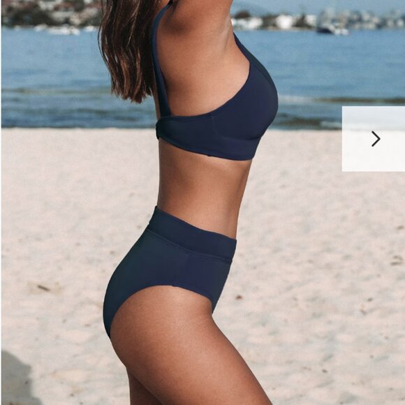 Longline V Neck Bralette & Navy Classic High Waist Bikini Set - Picture 3 of 5